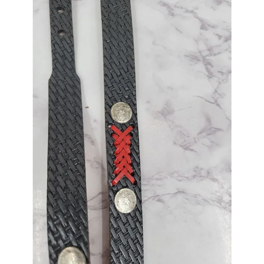 Gray Leather Basket Weave Embossed Belt with Red Lace Accent and Conchos